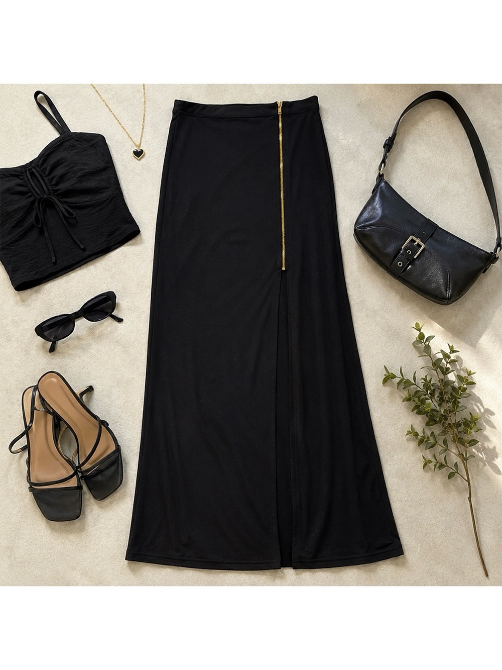 Charlotte Russe Black Maxi Skirt with Gold Side Zipper Detail | Size Small